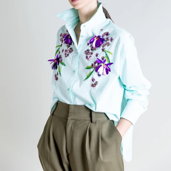 P. Sophia Tops - P. Sophia blue Floral embellished Sequin Top